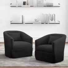 Set of 2 Midnight Black swivel accent chairs with linen blend upholstery, 360-degree swivel base, sleek metal frames, and wood accents. Comfortable foam and spring fill, ideal for living rooms, offices, or bedrooms. Easy assembly and family-friendly design.
