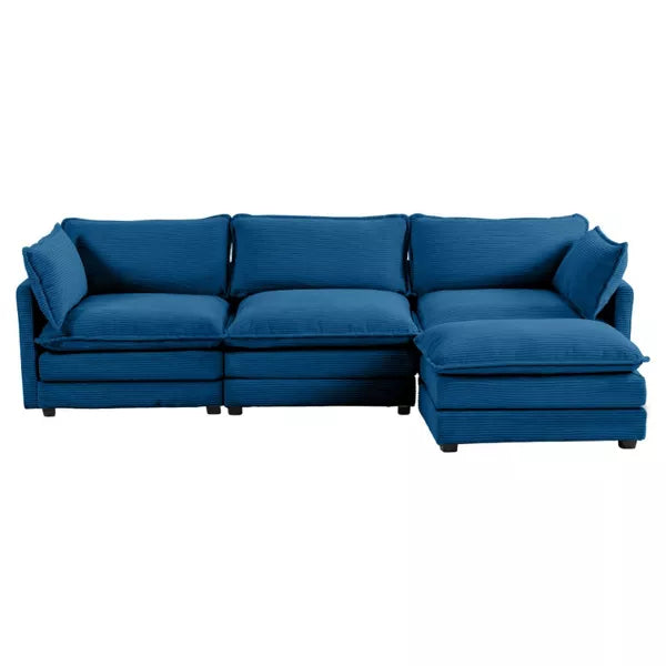 Modern 4-piece L-shaped sectional sofa in premium blue corduroy fabric. Features high-elastic sponge cushions, sturdy metal and wood frame, and a movable ottoman for flexible configurations. Easy assembly and versatile design perfect for living rooms, bedrooms, or offices
