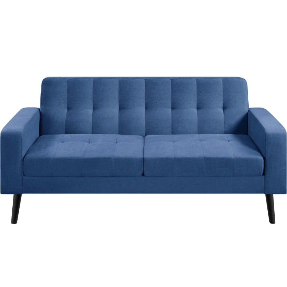 Mid-Century Modern 2-Seater Loveseat in elegant dark blue, featuring sleek lines, tapered wood-grain legs, USB charging ports, and comfortable foam cushions. Perfect for smaller spaces, living rooms, or offices.