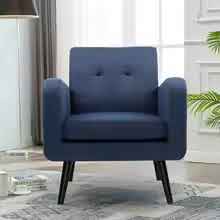 Navy blue accent chair with Mid-Century Modern design featuring a square tufted back and curved arms. The chair has a thick 6-inch foam cushion supported by sinuous springs and sits on solid birch wood tapered legs with a dark espresso finish. Ideal for small spaces, it combines comfort, durability, and timeless elegance, making it a stylish addition to any living room, office, or bedroom.