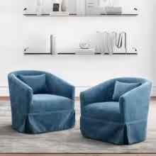 Set of two modern blue accent swivel chairs with sleek metal frames and wood accents. The chairs feature luxurious deep blue linen blend upholstery, a 360-degree swivel base for easy movement, and plush foam and spring cushioning for comfort. Ideal for living rooms, offices, or bedrooms, the chairs offer a blend of contemporary style, durability, and relaxation.