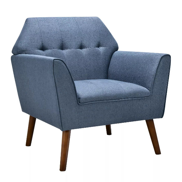 A stylish blue accent chair featuring a wide, contoured backrest and ergonomic armrests for added comfort. Upholstered in soft polyester fabric with plush sponge cushioning and built-in S-shaped springs, the chair provides a relaxing seating experience. The sturdy rubber wood legs with anti-slip foot pads support up to 330 lbs. The chair also boasts an elegant tufted design, adding a touch of sophistication to any room. Perfect for living rooms, bedrooms, or home offices, it is easy to assemble with include