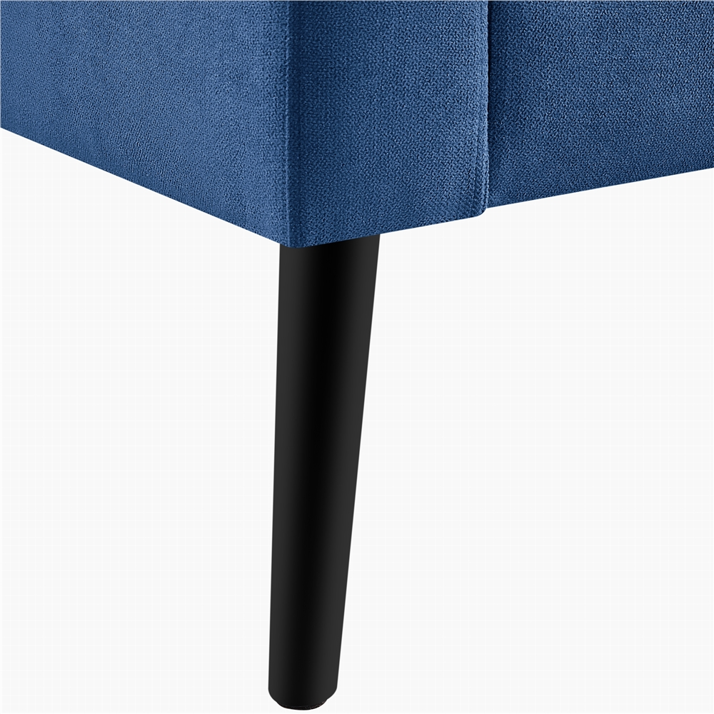 Mid-Century Modern 2-Seater Loveseat in elegant dark blue, featuring sleek lines, tapered wood-grain legs, USB charging ports, and comfortable foam cushions. Perfect for smaller spaces, living rooms, or offices.