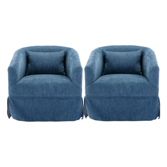 Set of two modern blue accent swivel chairs with sleek metal frames and wood accents. The chairs feature luxurious deep blue linen blend upholstery, a 360-degree swivel base for easy movement, and plush foam and spring cushioning for comfort. Ideal for living rooms, offices, or bedrooms, the chairs offer a blend of contemporary style, durability, and relaxation.