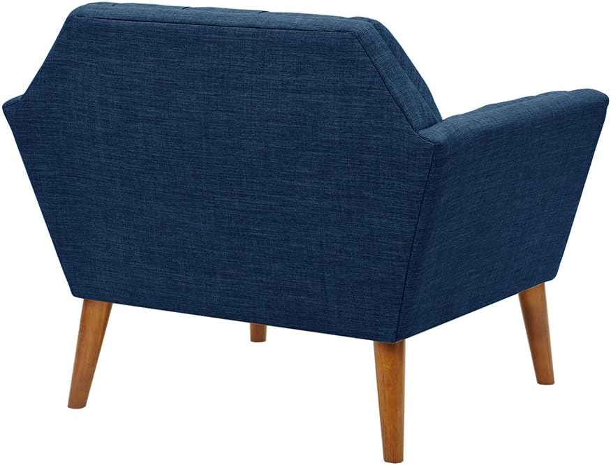 A stylish blue accent chair featuring a wide, contoured backrest and ergonomic armrests for added comfort. Upholstered in soft polyester fabric with plush sponge cushioning and built-in S-shaped springs, the chair provides a relaxing seating experience. The sturdy rubber wood legs with anti-slip foot pads support up to 330 lbs. The chair also boasts an elegant tufted design, adding a touch of sophistication to any room. Perfect for living rooms, bedrooms, or home offices, it is easy to assemble with include