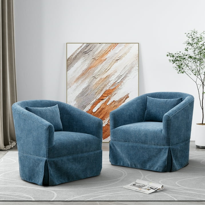 Set of two modern blue accent swivel chairs with sleek metal frames and wood accents. The chairs feature luxurious deep blue linen blend upholstery, a 360-degree swivel base for easy movement, and plush foam and spring cushioning for comfort. Ideal for living rooms, offices, or bedrooms, the chairs offer a blend of contemporary style, durability, and relaxation.