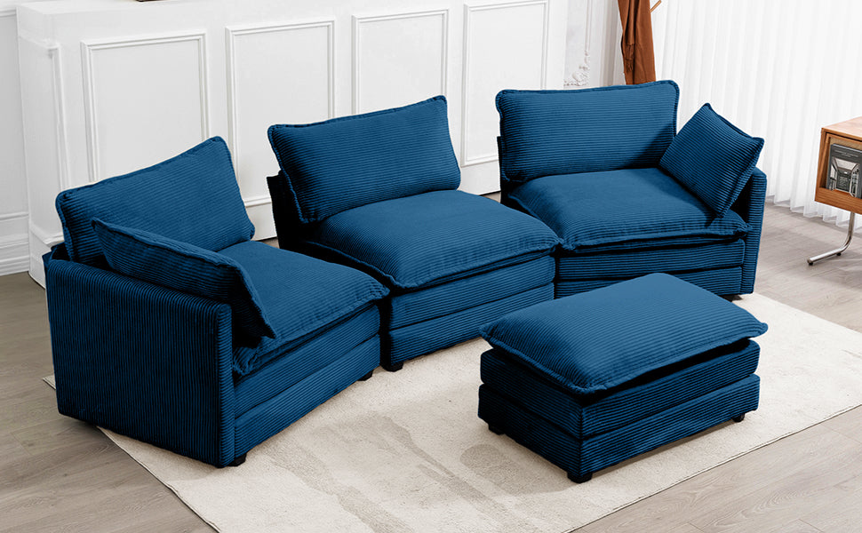 Modern 4-piece L-shaped sectional sofa in premium blue corduroy fabric. Features high-elastic sponge cushions, sturdy metal and wood frame, and a movable ottoman for flexible configurations. Easy assembly and versatile design perfect for living rooms, bedrooms, or offices