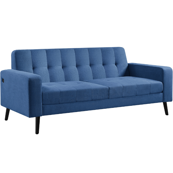Mid-Century Modern 2-Seater Loveseat in elegant dark blue, featuring sleek lines, tapered wood-grain legs, USB charging ports, and comfortable foam cushions. Perfect for smaller spaces, living rooms, or offices.