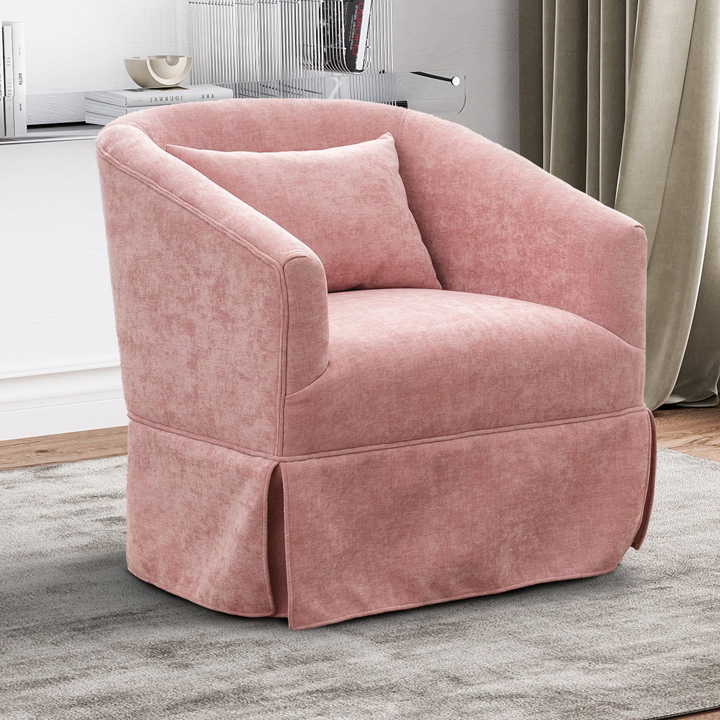 A set of two Blush Pink Swivel Accent Chairs featuring soft pastel pink upholstery. The chairs have a minimalist metal frame with wood detailing, a 360-degree swivel base for easy movement, and foam and spring cushioning for comfort. They are designed to blend modern aesthetics with natural beauty, offering a stylish and versatile seating solution for various home décor styles.