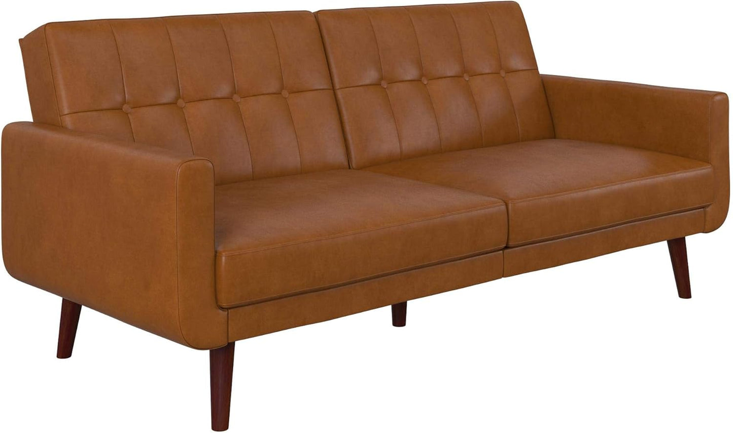 Stylish faux leather futon with ribbed tufted back, oak-colored wooden legs, and multi-position split-back for sitting, lounging, and sleeping. Ideal for small spaces, offering comfort and versatility with a sturdy frame, easy conversion, and extra support for guests.