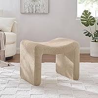 Modern camel-colored pedal stool with engineered wood frame, smooth lint and sherpa lining, versatile semicircular design, and compact size. Ideal as a footrest, extra seating, or accent piece for any room.