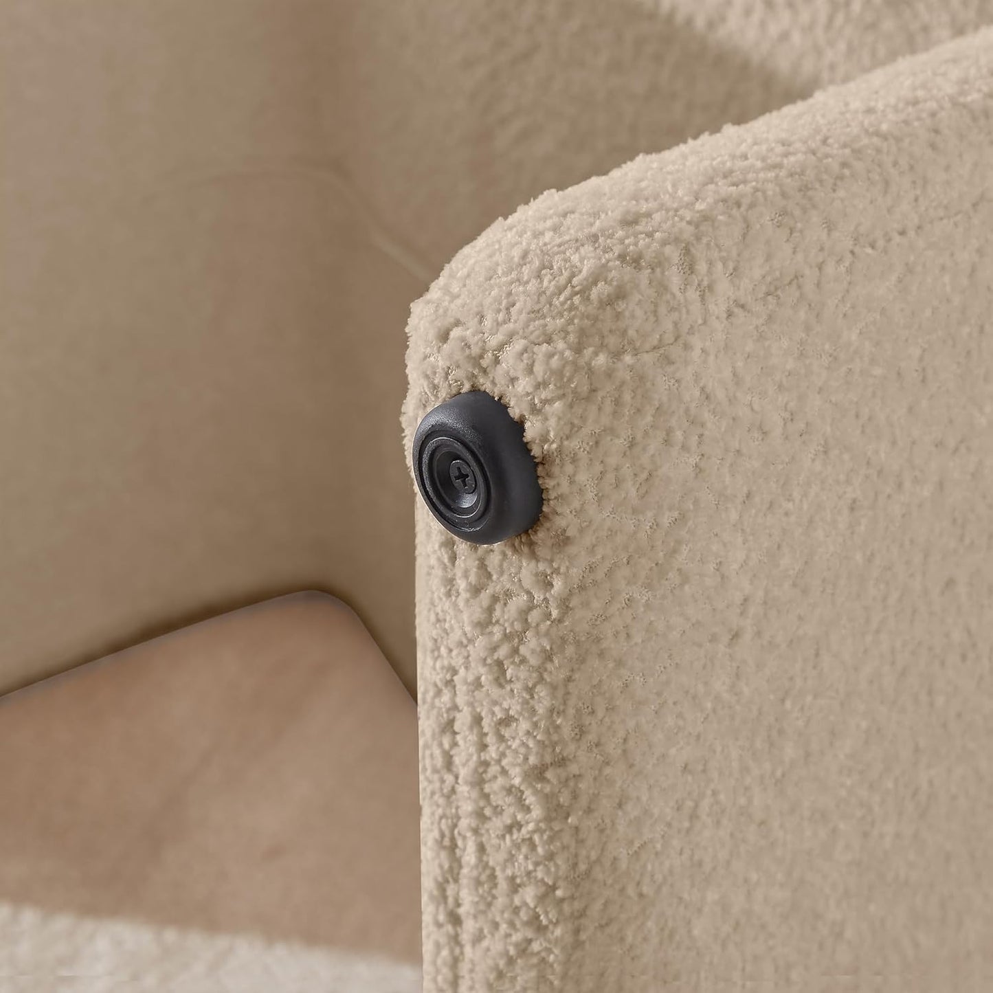 Modern camel-colored pedal stool with engineered wood frame, smooth lint and sherpa lining, versatile semicircular design, and compact size. Ideal as a footrest, extra seating, or accent piece for any room.