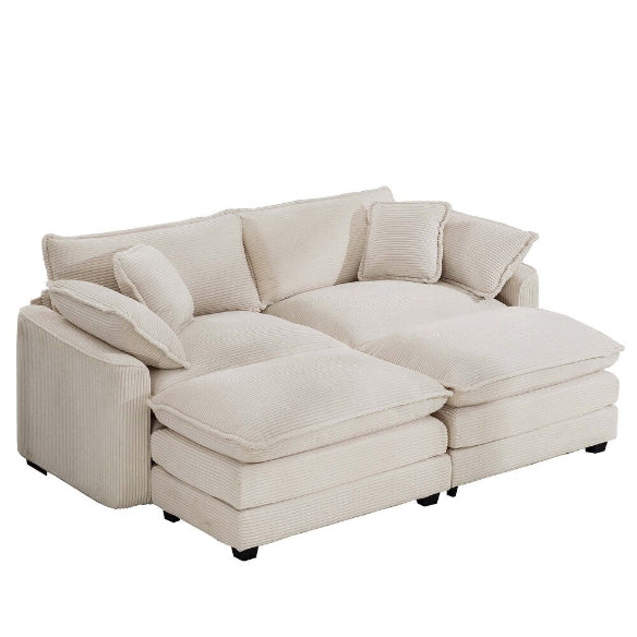 Luxurious cream beige velvet corduroy sofa with deep cushions, foam and pocket spring construction, sleek black plastic legs, offering sophisticated comfort and versatile style for modern living rooms, offices, and apartments.