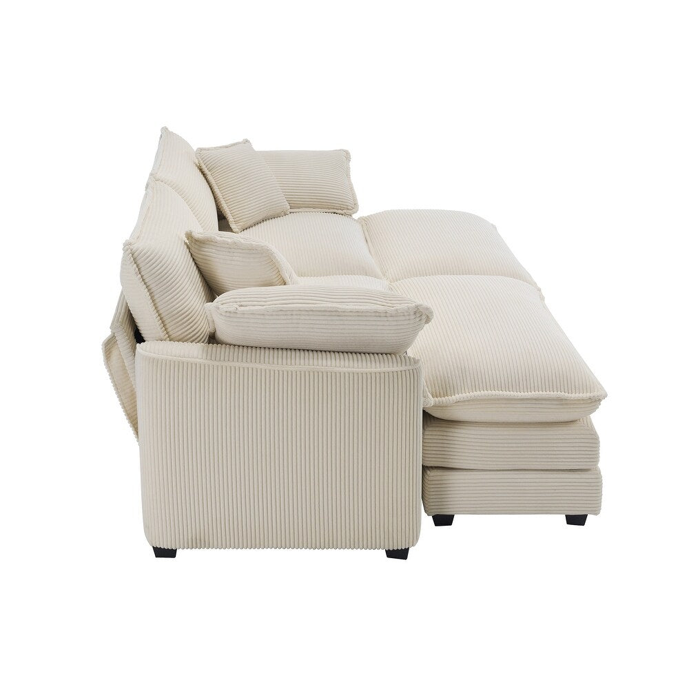Luxurious cream beige velvet corduroy sofa with deep cushions, foam and pocket spring construction, sleek black plastic legs, offering sophisticated comfort and versatile style for modern living rooms, offices, and apartments.