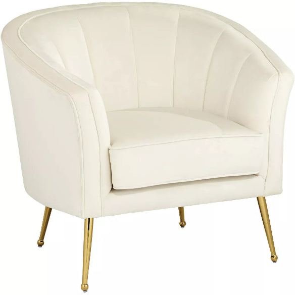 Elegant cream beige velvet shell-shaped accent chair with tufted design and gold-finished metal legs, offering comfort and modern sophistication for living rooms, bedrooms, or offices.