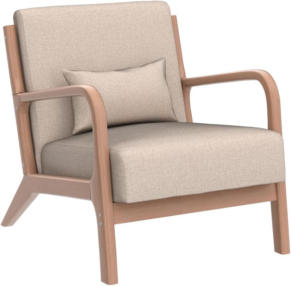 Beige low-back accent chair with plush cushions and ergonomic design, featuring a solid wood frame and footpads for stability. Ideal for living rooms, bedrooms, or offices, offering comfort and support with high-density sponge cushioning and breathable linen fabric. Easy to assemble and maintain, perfect for relaxation and reading.