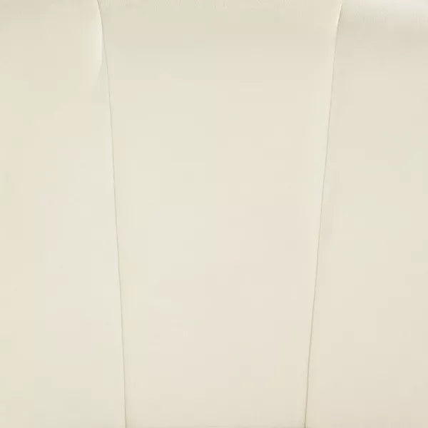 Elegant cream beige velvet shell-shaped accent chair with tufted design and gold-finished metal legs, offering comfort and modern sophistication for living rooms, bedrooms, or offices.
