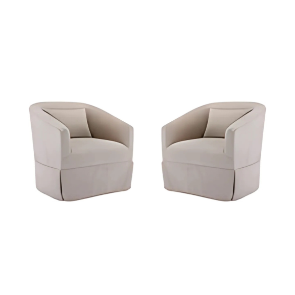 A set of two Beige Cream Swivel Accent Chairs featuring soft, neutral beige upholstery. Each chair is designed with a minimalist metal frame and elegant wood accents. The chairs include a 360-degree swivel base for easy movement and comfort, and they have plush foam and spring cushioning for support. Their versatile design fits a range of décor styles, making them perfect for living rooms, offices, bedrooms, or cozy reading spaces. The chairs are durable, sturdy, and built for long-lasting comfort.