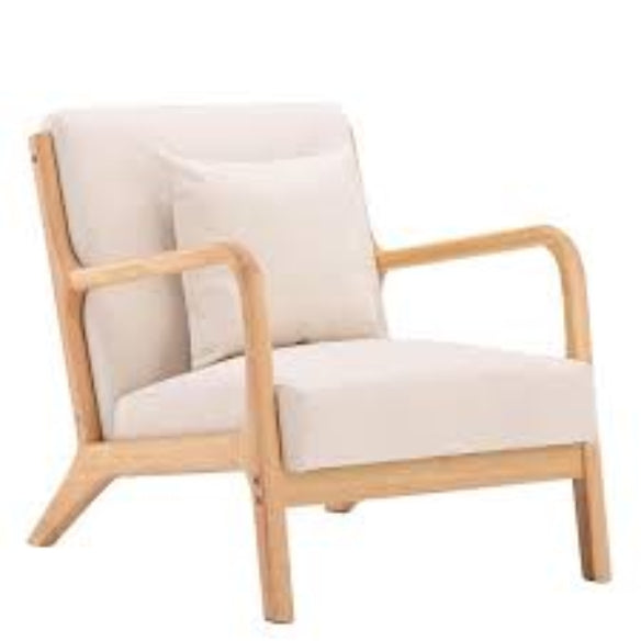 Beige low-back accent chair with plush cushions and ergonomic design, featuring a solid wood frame and footpads for stability. Ideal for living rooms, bedrooms, or offices, offering comfort and support with high-density sponge cushioning and breathable linen fabric. Easy to assemble and maintain, perfect for relaxation and reading.
