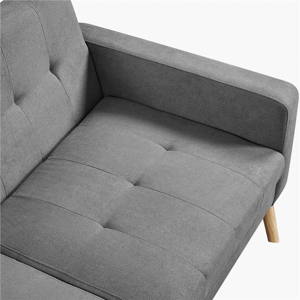 Mid-Century Modern 2-Seater Loveseat in elegant dark grey, featuring sleek lines, tapered wood-grain legs, USB charging ports, and comfortable foam cushions. Perfect for smaller spaces, living rooms, or offices.