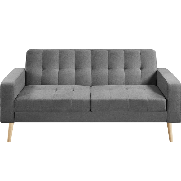 Mid-Century Modern 2-Seater Loveseat in elegant dark grey, featuring sleek lines, tapered wood-grain legs, USB charging ports, and comfortable foam cushions. Perfect for smaller spaces, living rooms, or offices.