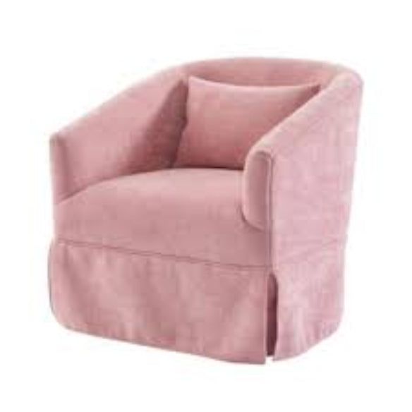 A set of two Blush Pink Swivel Accent Chairs featuring soft pastel pink upholstery. The chairs have a minimalist metal frame with wood detailing, a 360-degree swivel base for easy movement, and foam and spring cushioning for comfort. They are designed to blend modern aesthetics with natural beauty, offering a stylish and versatile seating solution for various home décor styles.