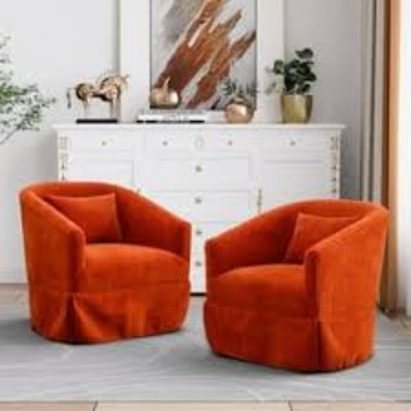 A set of two Burnt Orange Swivel Accent Chairs featuring rich, warm upholstery in burnt orange, set atop sleek metal frames with wood accents. The chairs have a 360-degree swivel base for easy movement and flexible seating. Their modern yet timeless design, along with plush foam and spring cushioning, offers comfort and style, making them a versatile addition to various home spaces like living rooms, offices, or bedrooms.