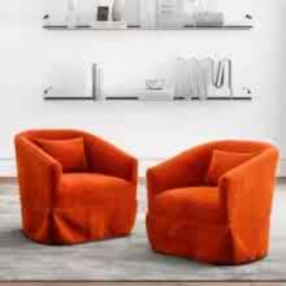 A set of two Burnt Orange Swivel Accent Chairs featuring rich, warm upholstery in burnt orange, set atop sleek metal frames with wood accents. The chairs have a 360-degree swivel base for easy movement and flexible seating. Their modern yet timeless design, along with plush foam and spring cushioning, offers comfort and style, making them a versatile addition to various home spaces like living rooms, offices, or bedrooms.