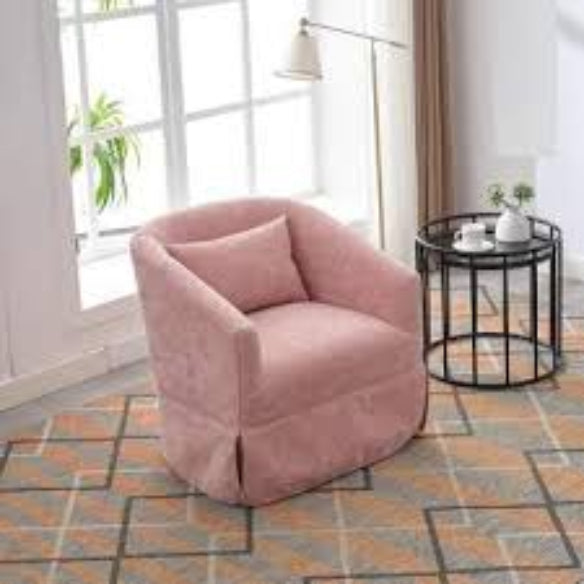 A set of two Blush Pink Swivel Accent Chairs featuring soft pastel pink upholstery. The chairs have a minimalist metal frame with wood detailing, a 360-degree swivel base for easy movement, and foam and spring cushioning for comfort. They are designed to blend modern aesthetics with natural beauty, offering a stylish and versatile seating solution for various home décor styles.