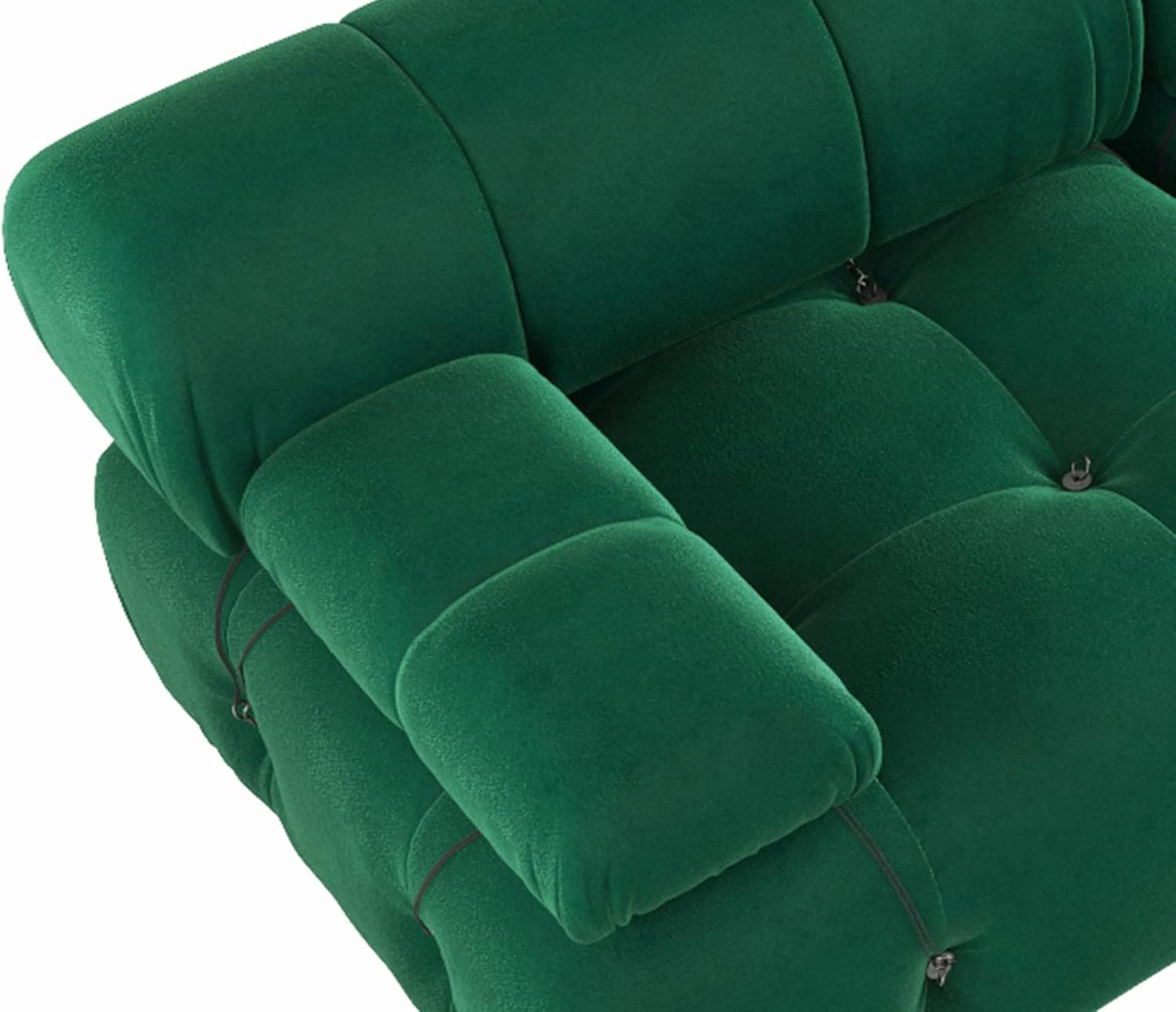 Modern emerald green velvet sectional sofa with plush upholstery, button tufting, and durable wood frame. Versatile design with individual seat cushions for ultimate comfort, supporting up to 330 lbs per seat. Perfect for living rooms, offering easy assembly and a sleek, contemporary style.