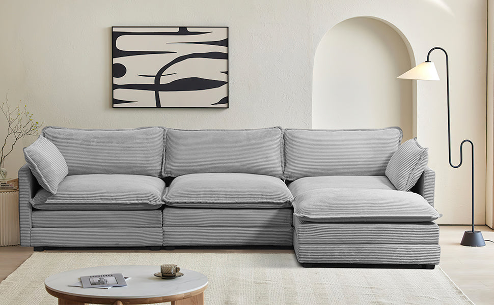 Modern 4-piece L-shaped sectional sofa in premium grey corduroy fabric. Features high-elastic sponge cushions, a sturdy metal and wood frame, and a movable ottoman for flexible configurations. Easy assembly and versatile design perfect for living rooms, bedrooms, or offices.