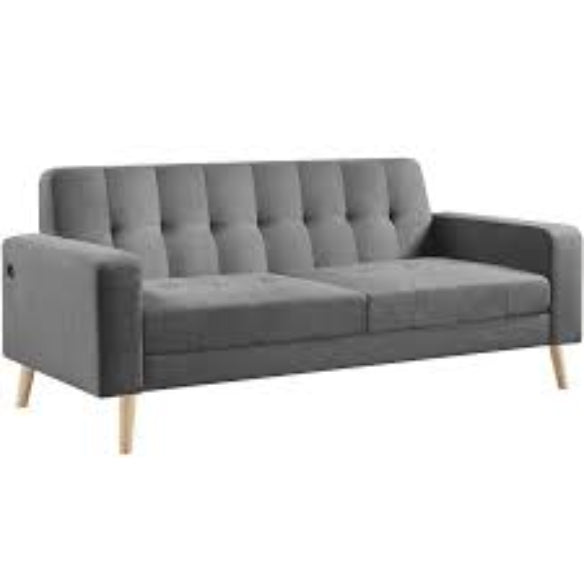 Mid-Century Modern 2-Seater Loveseat in elegant dark grey, featuring sleek lines, tapered wood-grain legs, USB charging ports, and comfortable foam cushions. Perfect for smaller spaces, living rooms, or offices.