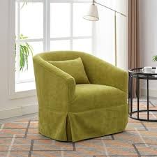 A set of two Juniper Olive Green Swivel Accent Chairs featuring a rich olive green fabric with soft, comfortable upholstery. The chairs are designed with a minimalist metal frame and elegant wood accent details. They include a 360-degree swivel base for easy rotation, offering flexibility and movement. The sturdy construction, foam and spring cushioning, and generous seating make these chairs perfect for living rooms, offices, bedrooms, or reading corners, combining modern design with timeless charm.
