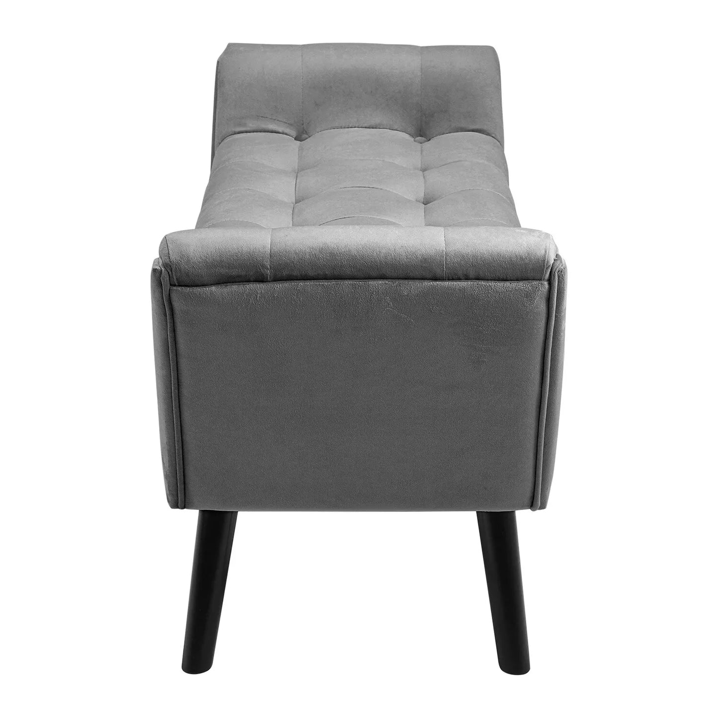 Elegant grey tufted fabric bench with solid wood frame, versatile seating for bedroom, living room, or entryway, modern design, and easy maintenance.