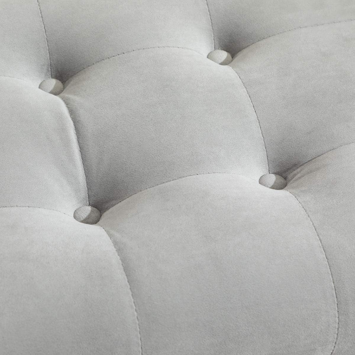 Elegant grey tufted fabric bench with solid wood frame, versatile seating for bedroom, living room, or entryway, modern design, and easy maintenance.