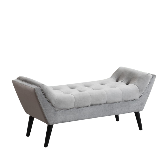 Elegant grey tufted fabric bench with solid wood frame, versatile seating for bedroom, living room, or entryway, modern design, and easy maintenance.