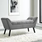 Elegant grey tufted fabric bench with solid wood frame, versatile seating for bedroom, living room, or entryway, modern design, and easy maintenance.