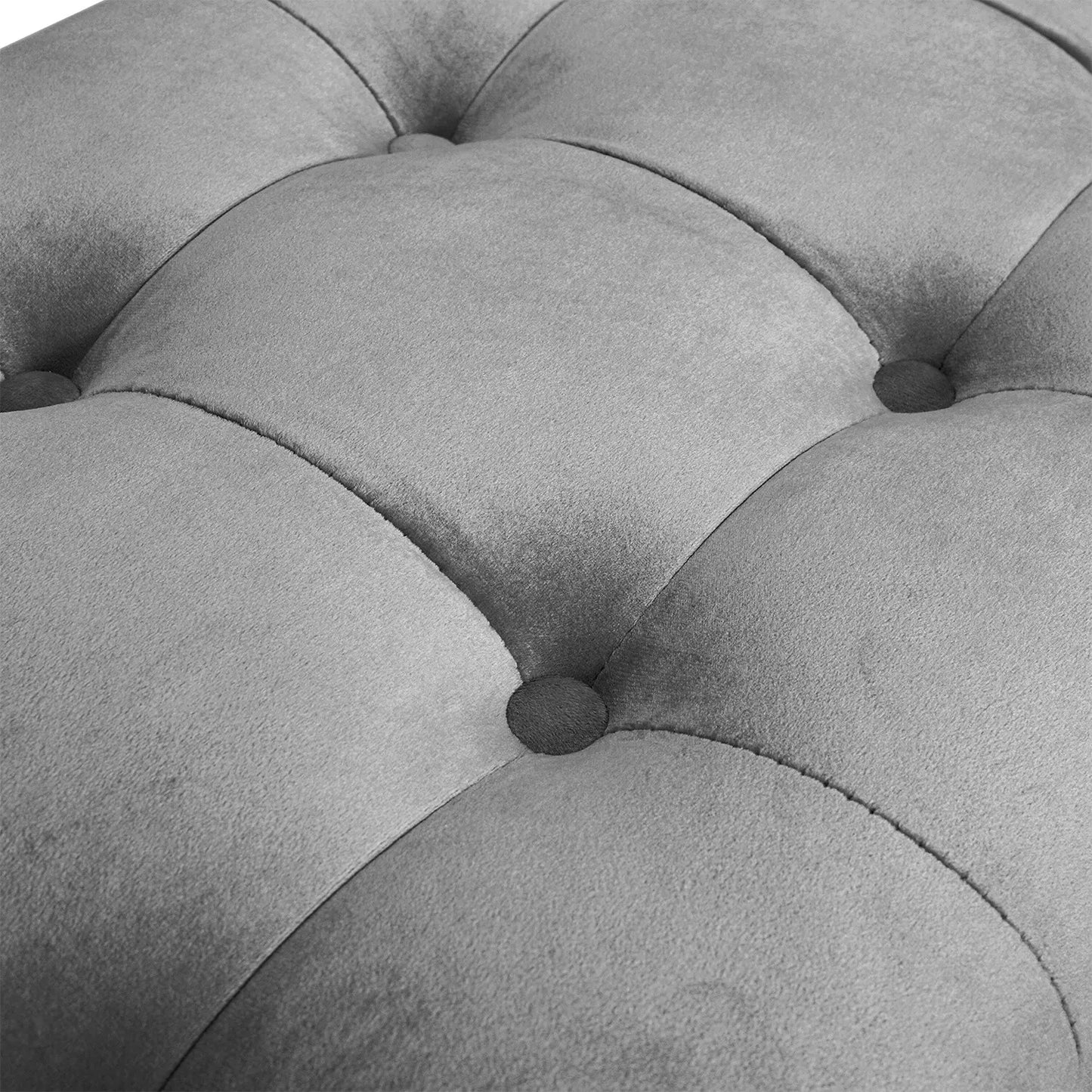 Elegant grey tufted fabric bench with solid wood frame, versatile seating for bedroom, living room, or entryway, modern design, and easy maintenance.