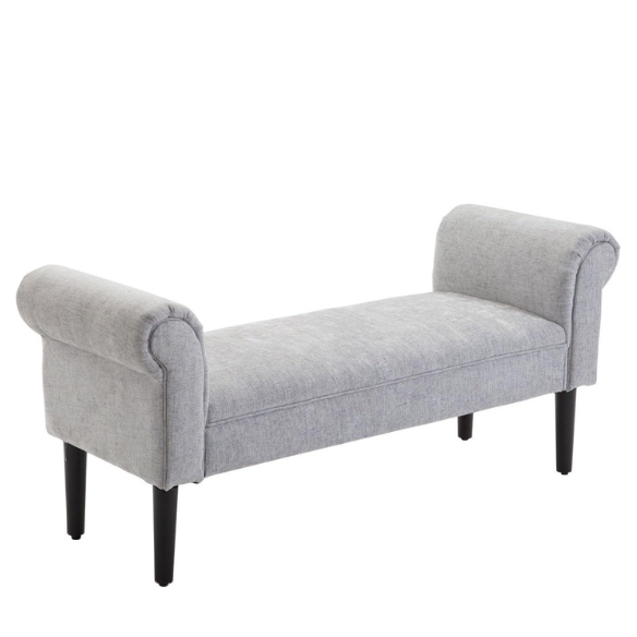 Light grey upholstered end of bed bench with padded foam cushion, modern design, and practical storage space underneath. Stylish and durable, perfect for bedroom, entryway, or living room