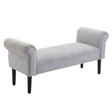 Light grey upholstered end of bed bench with padded foam cushion, sleek modern design, and practical storage space, perfect for bedroom, living room, or entryway seating.