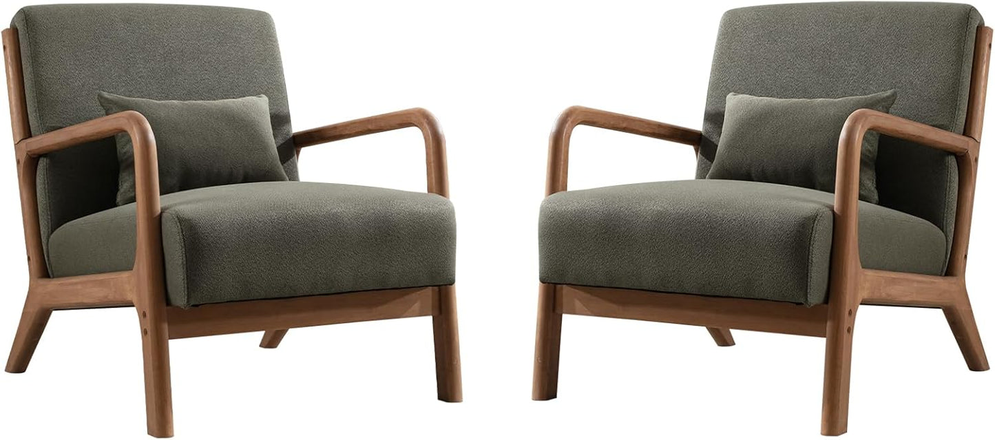 Set of 2 juniper olive green low-back accent chairs with ergonomic design, plush cushions, and durable wood frame. Perfect for living rooms, bedrooms, or offices, offering comfort and style with easy maintenance.