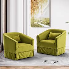 A set of two Juniper Olive Green Swivel Accent Chairs featuring a rich olive green fabric with soft, comfortable upholstery. The chairs are designed with a minimalist metal frame and elegant wood accent details. They include a 360-degree swivel base for easy rotation, offering flexibility and movement. The sturdy construction, foam and spring cushioning, and generous seating make these chairs perfect for living rooms, offices, bedrooms, or reading corners, combining modern design with timeless charm.