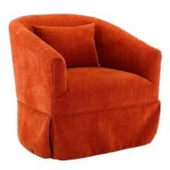 A set of two Burnt Orange Swivel Accent Chairs featuring rich, warm upholstery in burnt orange, set atop sleek metal frames with wood accents. The chairs have a 360-degree swivel base for easy movement and flexible seating. Their modern yet timeless design, along with plush foam and spring cushioning, offers comfort and style, making them a versatile addition to various home spaces like living rooms, offices, or bedrooms.