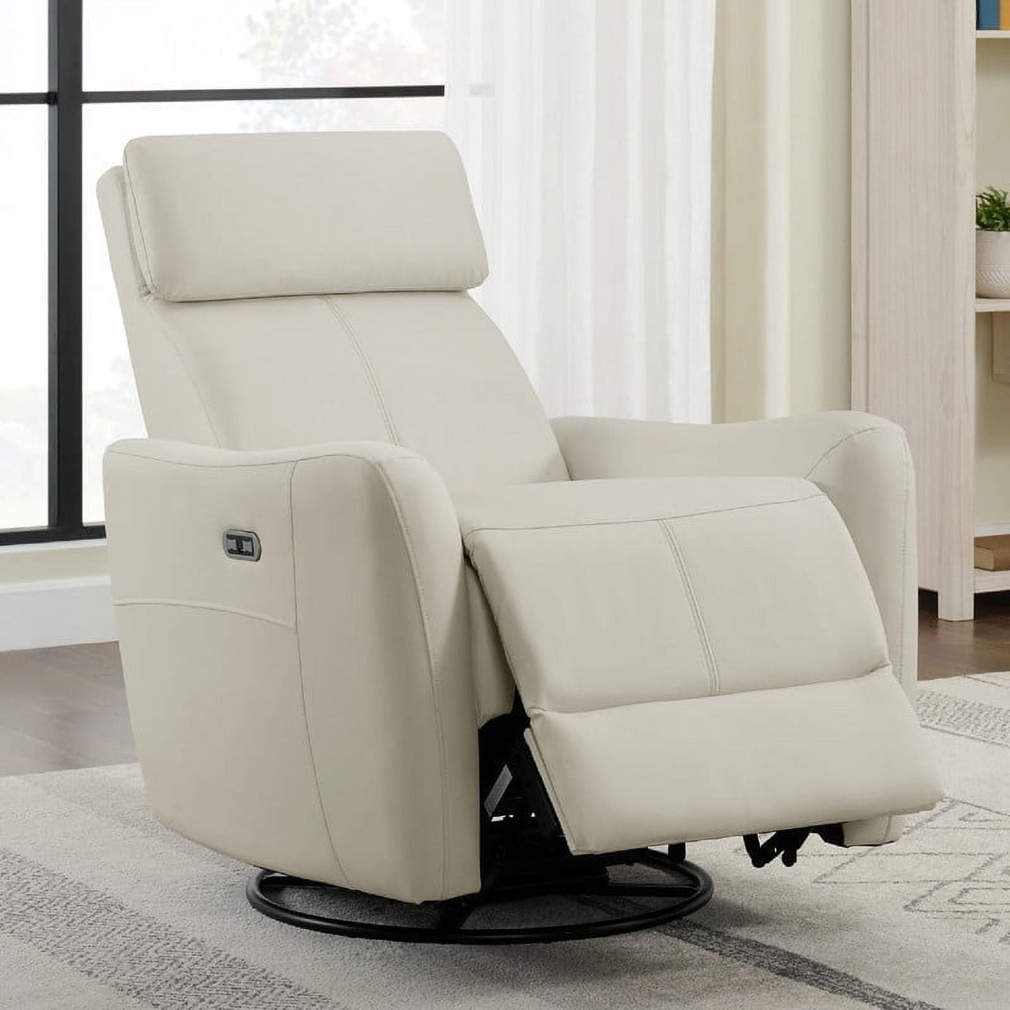 Cream white power swivel rocker recliner with 270° swivel, smooth gliding recline, USB charging port, and durable faux leather fabric. Supports up to 350 lbs, perfect for living room, bedroom, or nursery. Easy assembly and quiet motor.