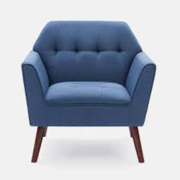 A stylish blue accent chair featuring a wide, contoured backrest and ergonomic armrests for added comfort. Upholstered in soft polyester fabric with plush sponge cushioning and built-in S-shaped springs, the chair provides a relaxing seating experience. The sturdy rubber wood legs with anti-slip foot pads support up to 330 lbs. The chair also boasts an elegant tufted design, adding a touch of sophistication to any room. Perfect for living rooms, bedrooms, or home offices, it is easy to assemble with include