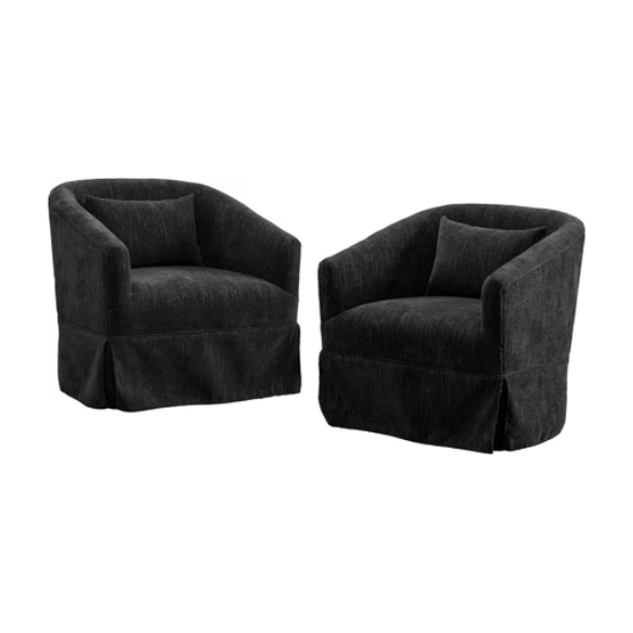 Set of 2 Midnight Black swivel accent chairs with linen blend upholstery, 360-degree swivel base, sleek metal frames, and wood accents. Comfortable foam and spring fill, ideal for living rooms, offices, or bedrooms. Easy assembly and family-friendly design.