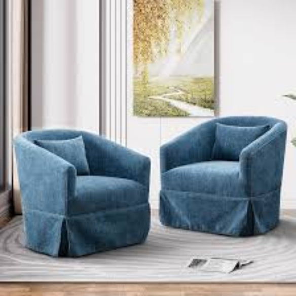 Set of two Teal Swivel Accent Chairs featuring a modern design with luxurious teal linen blend upholstery, a 360-degree swivel base, metal frame with wood accent detailing, and sturdy construction. These chairs provide exceptional comfort with foam and spring cushioning, making them ideal for lounging, relaxing, or entertaining. Versatile and family-friendly, they complement various décor styles in living rooms, offices, or bedrooms. Easy assembly with tools and instructions included.