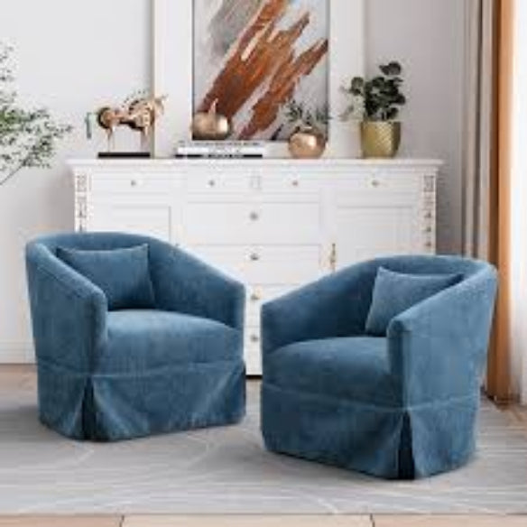 Set of two Teal Swivel Accent Chairs featuring a modern design with luxurious teal linen blend upholstery, a 360-degree swivel base, metal frame with wood accent detailing, and sturdy construction. These chairs provide exceptional comfort with foam and spring cushioning, making them ideal for lounging, relaxing, or entertaining. Versatile and family-friendly, they complement various décor styles in living rooms, offices, or bedrooms. Easy assembly with tools and instructions included.
