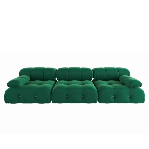 Modern emerald green velvet sectional sofa with plush upholstery, button tufting, and durable wood frame. Versatile design with individual seat cushions for ultimate comfort, supporting up to 330 lbs per seat. Perfect for living rooms, offering easy assembly and a sleek, contemporary style.