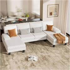 U-shaped sectional sofa with chaise lounges, featuring luxurious white velvet upholstery, high-density foam, and spring pack for ultimate comfort. Spacious enough to seat 4 people, with removable, machine-washable covers for easy cleaning. Perfect for family rooms or entertaining guests.